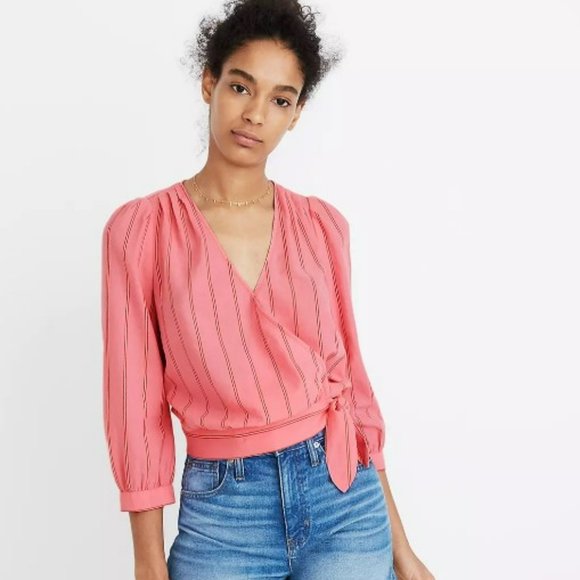 Madewell Wrap Top in Cecilia Stripe Pink, Size M - Picture 3 of 12